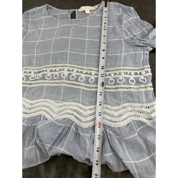 Jonathan Simkhai Blue Voile Grid Cotton Blouse XS Lace Ruffle Hem Top Keyhole - Picture 9 of 11